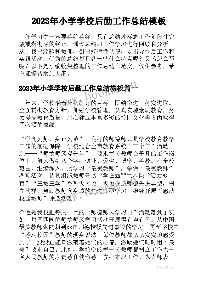 2023年小学学校后勤工作总结模板