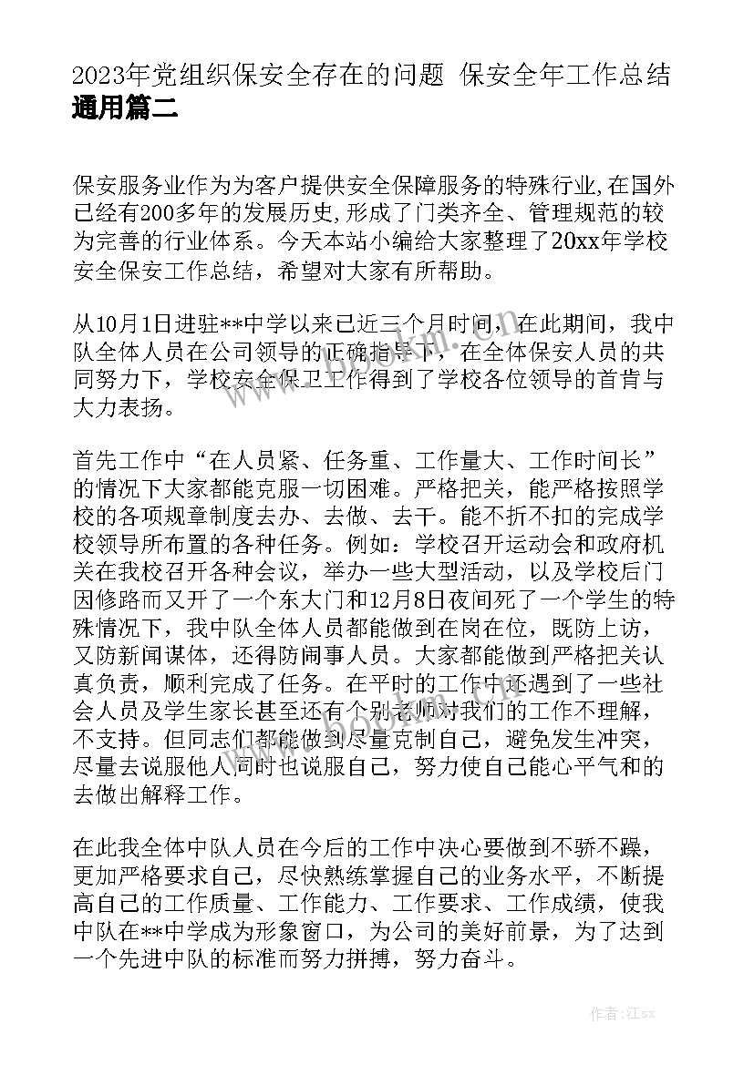 2023年党组织保安全存在的问题 保安全年工作总结通用