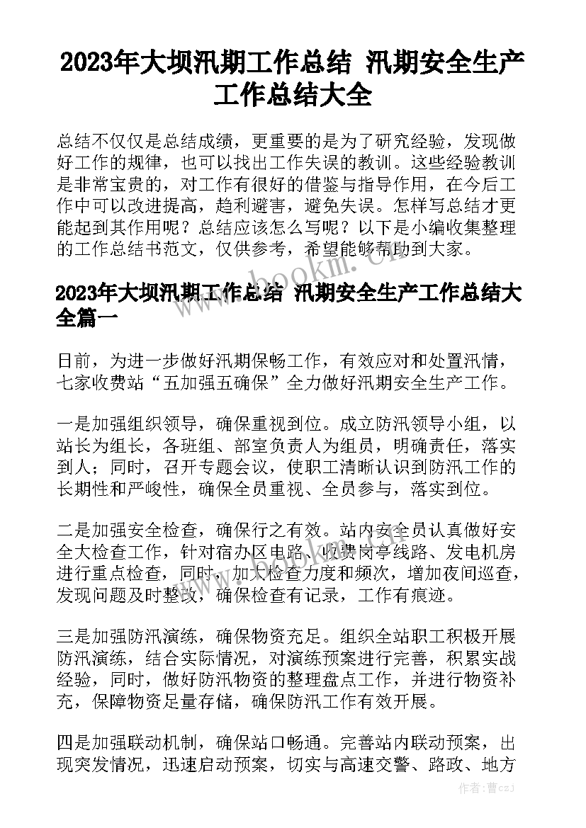 2023年大坝汛期工作总结 汛期安全生产工作总结大全