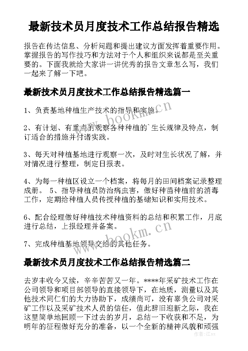 最新技术员月度技术工作总结报告精选