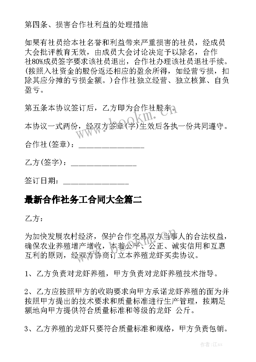 最新合作社务工合同大全