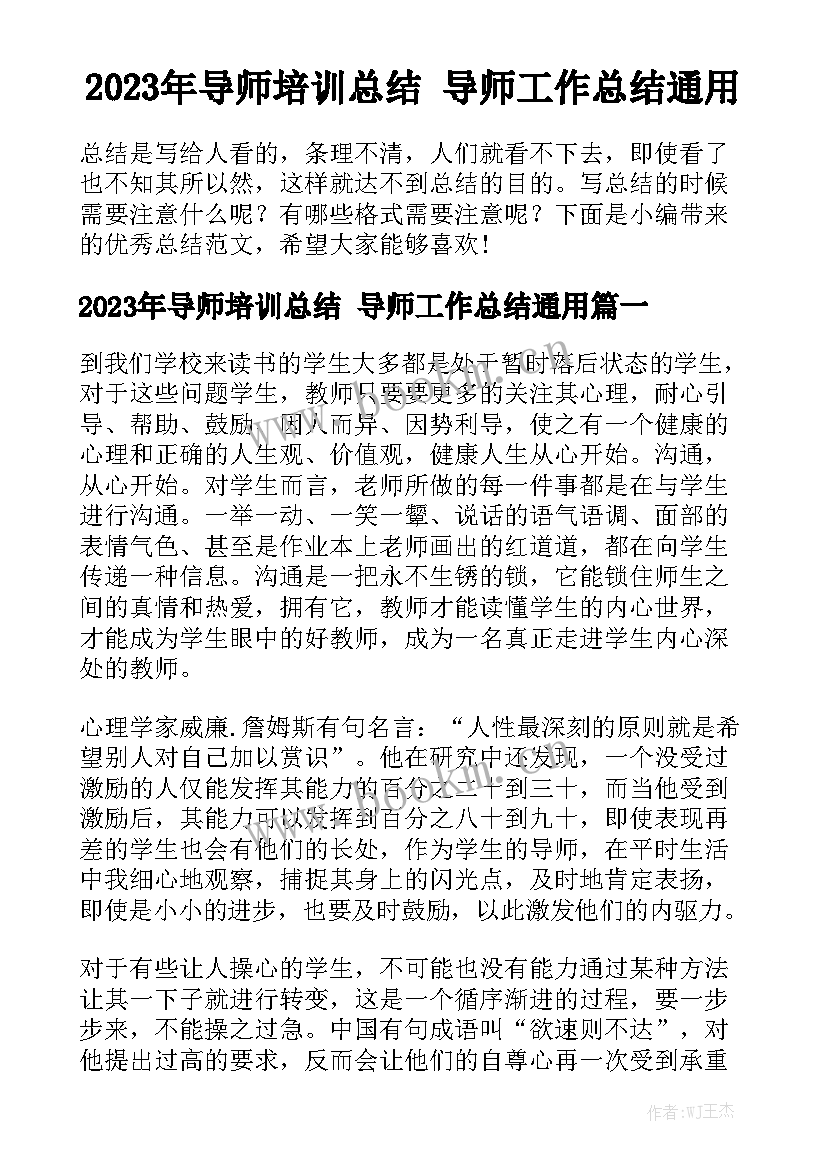 2023年导师培训总结 导师工作总结通用