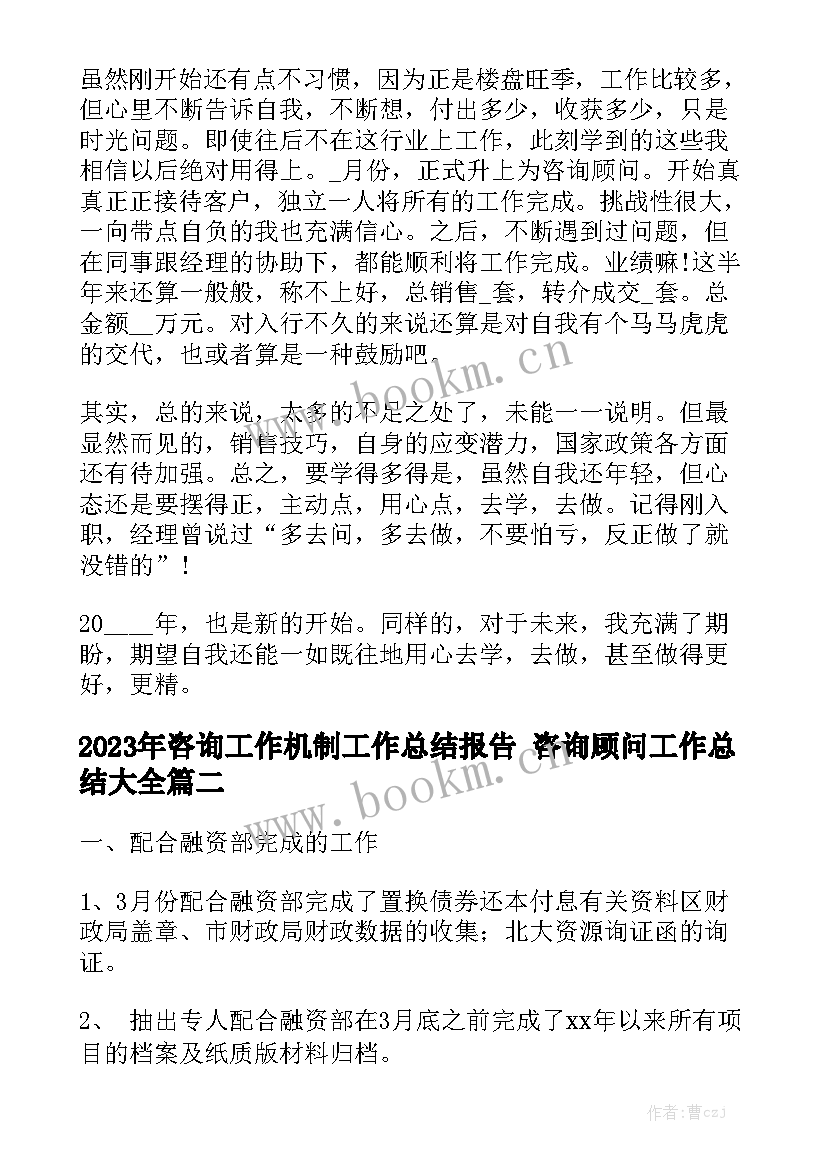 2023年咨询工作机制工作总结报告 咨询顾问工作总结大全