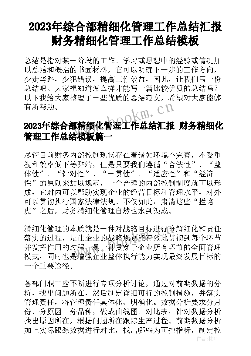 2023年综合部精细化管理工作总结汇报 财务精细化管理工作总结模板