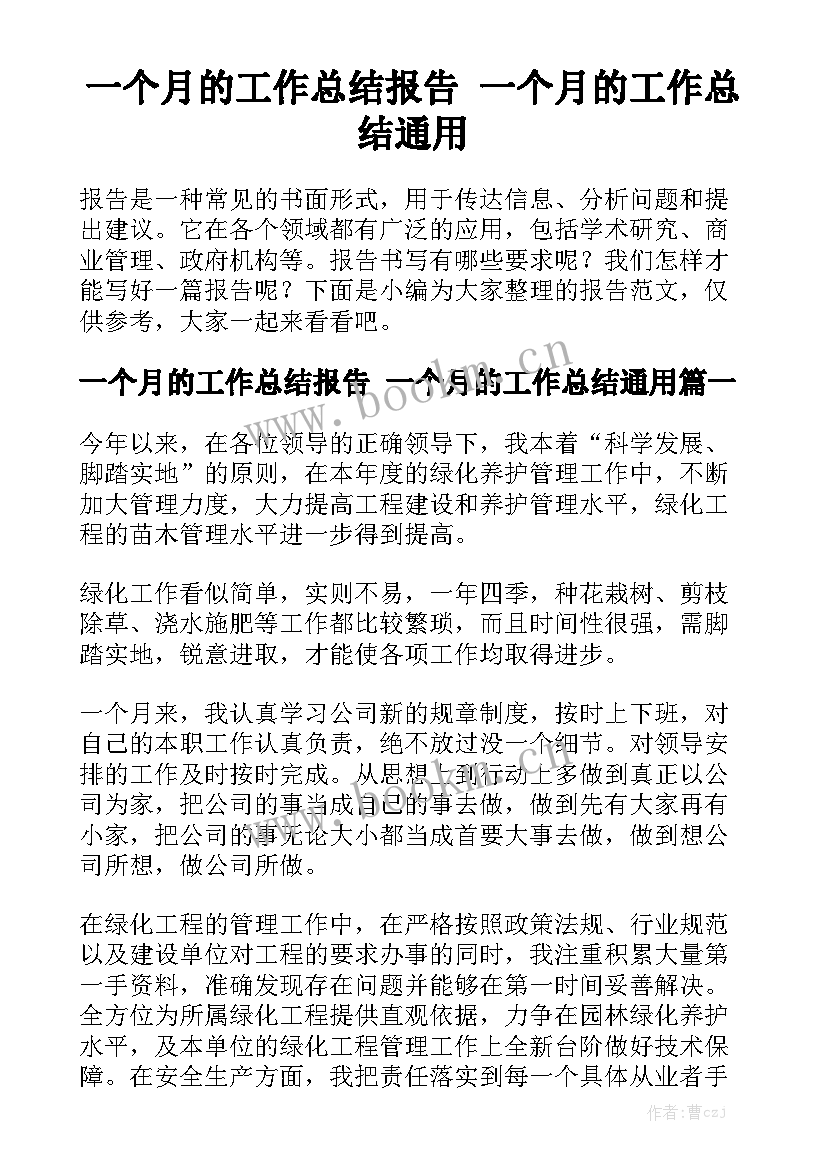 一个月的工作总结报告 一个月的工作总结通用