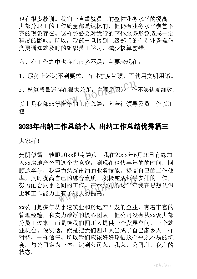 2023年出纳工作总结个人 出纳工作总结优秀