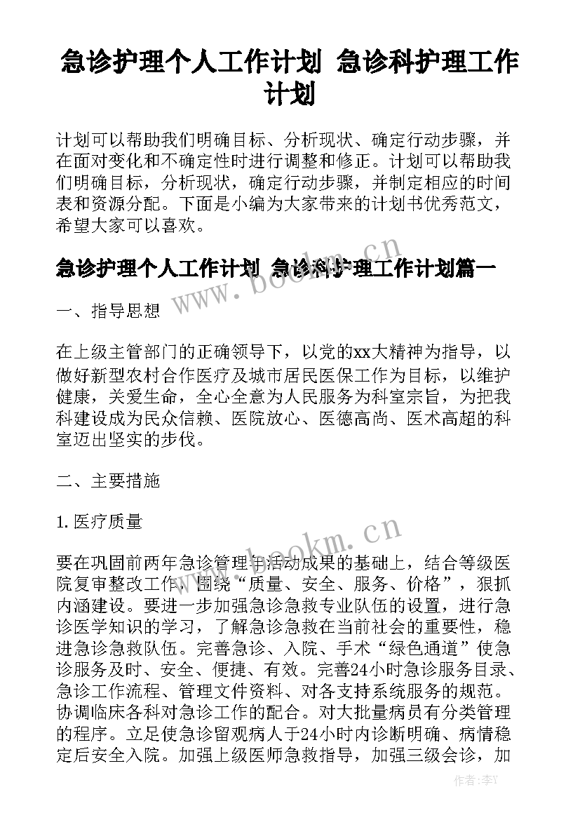 急诊护理个人工作计划 急诊科护理工作计划