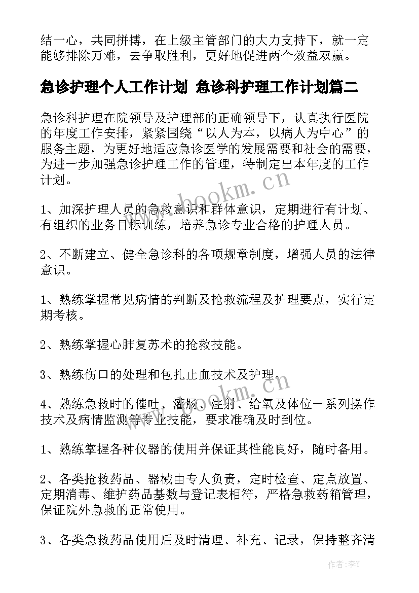 急诊护理个人工作计划 急诊科护理工作计划