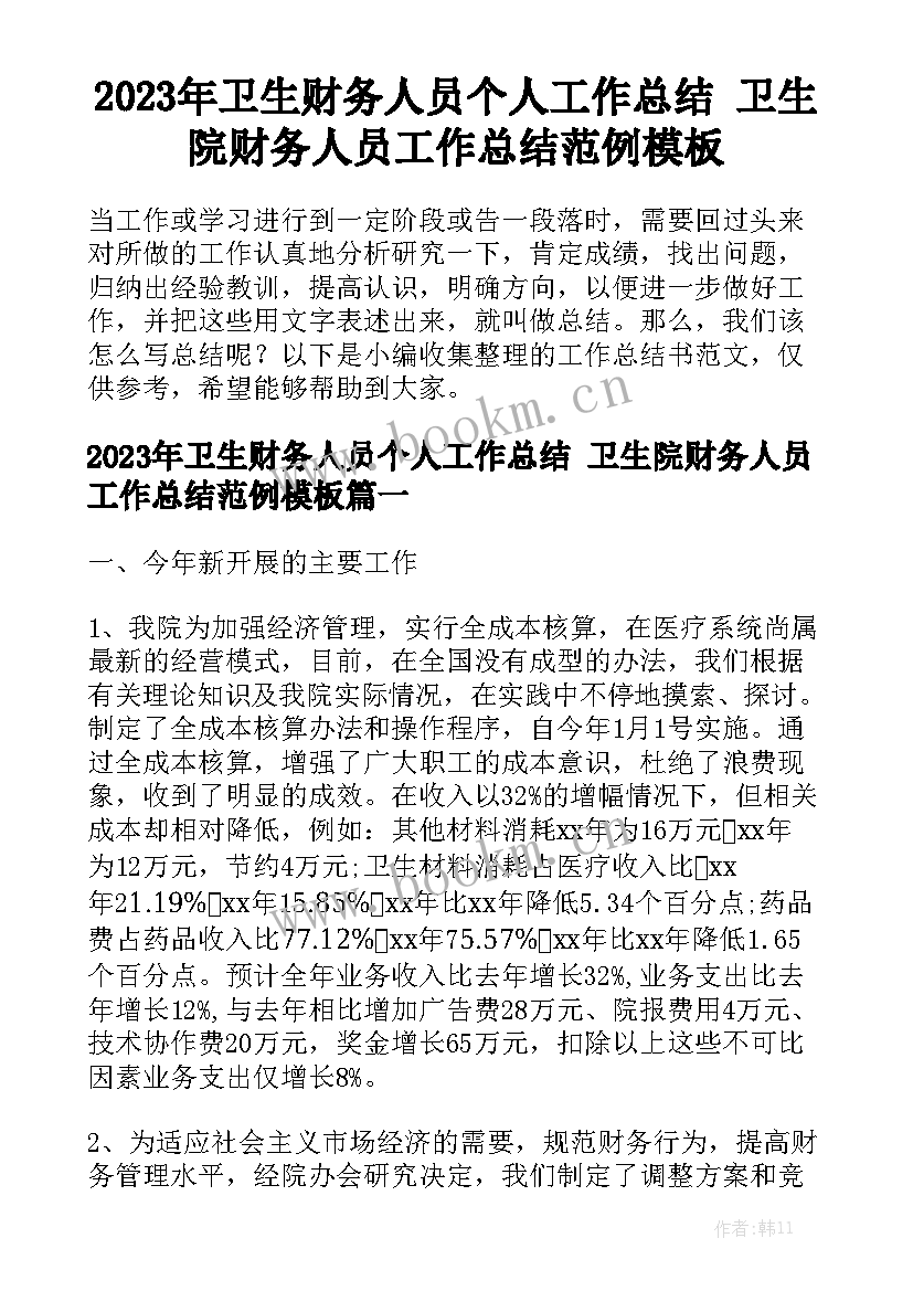 2023年卫生财务人员个人工作总结 卫生院财务人员工作总结范例模板