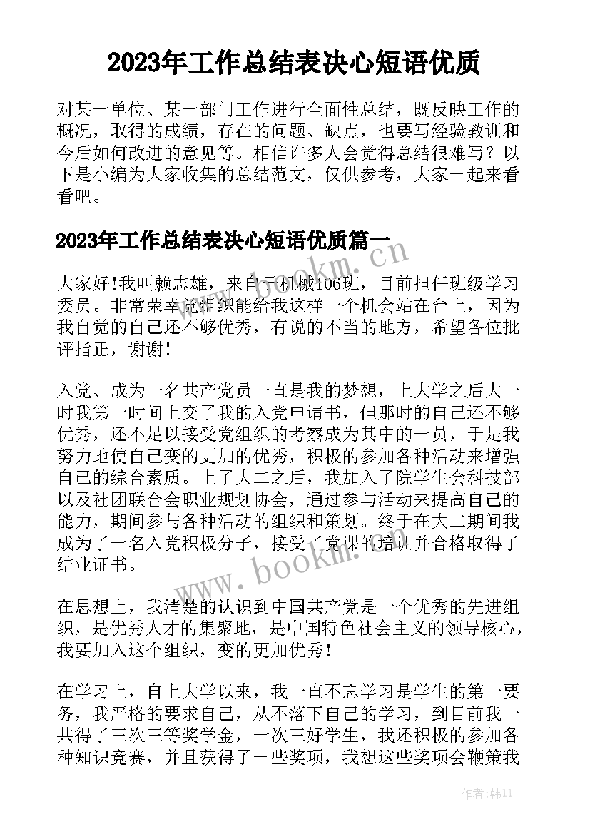 2023年工作总结表决心短语优质