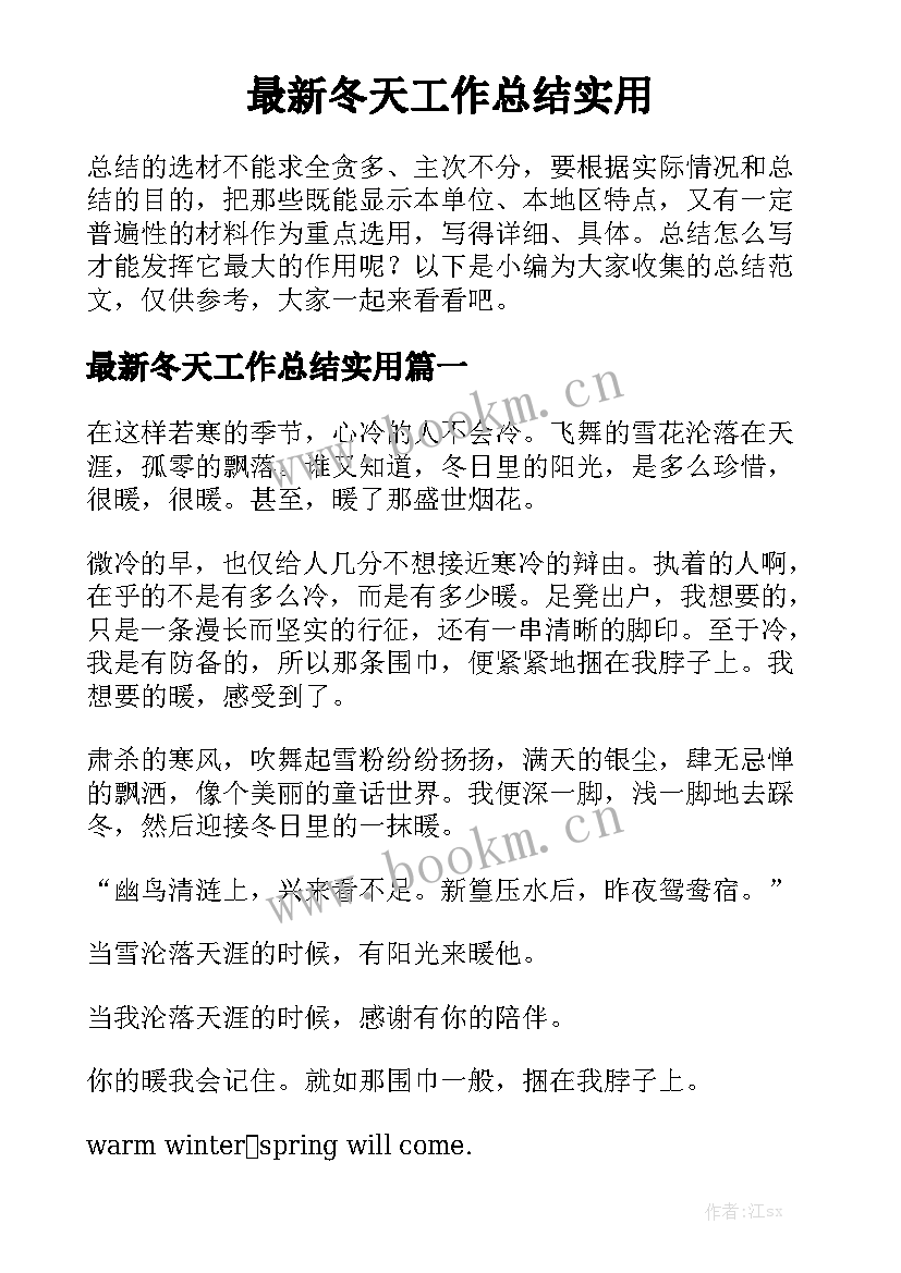 最新冬天工作总结实用