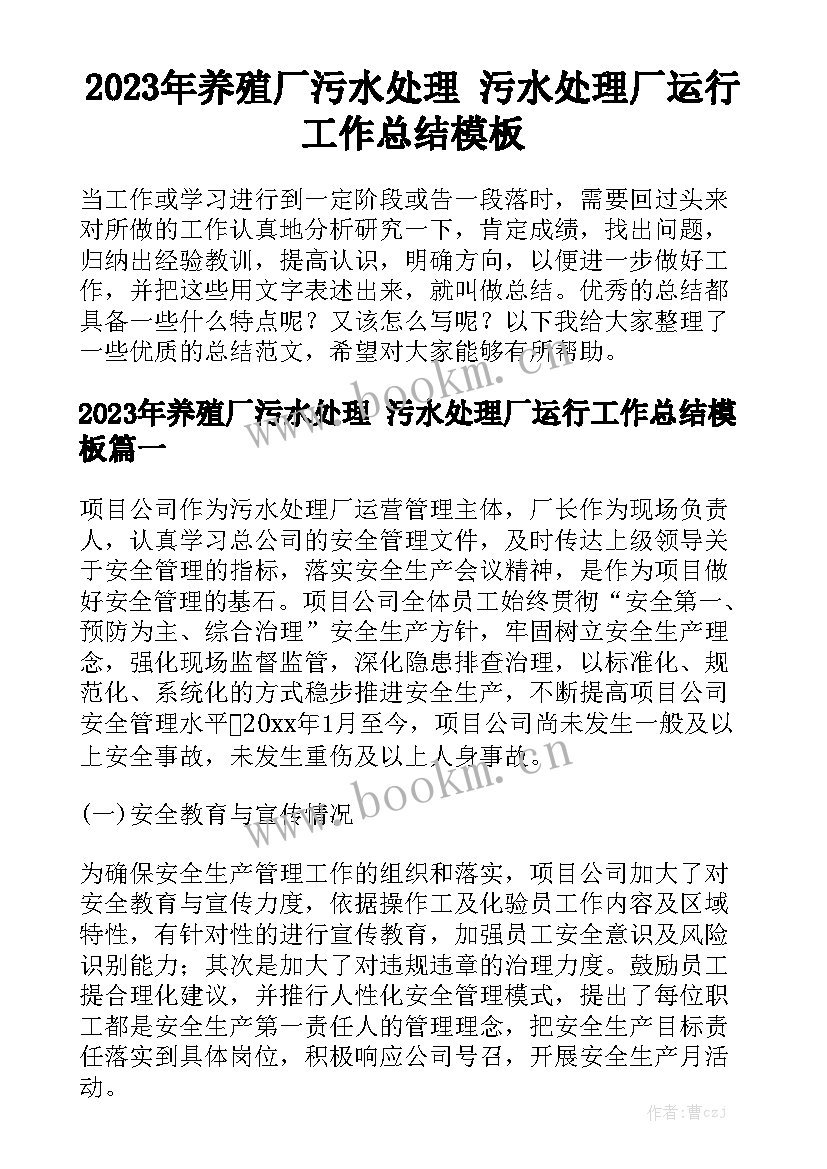 2023年养殖厂污水处理 污水处理厂运行工作总结模板