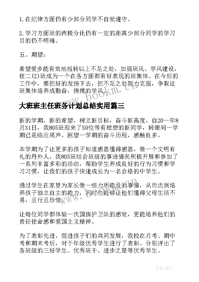 大班班主任班务计划总结实用