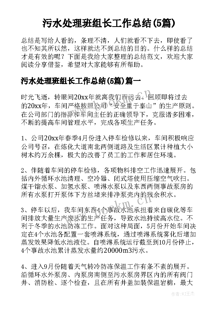 污水处理班组长工作总结(5篇)