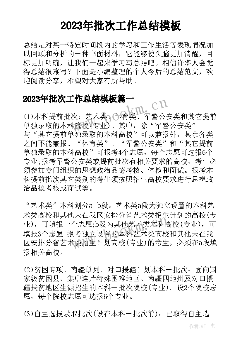 2023年批次工作总结模板