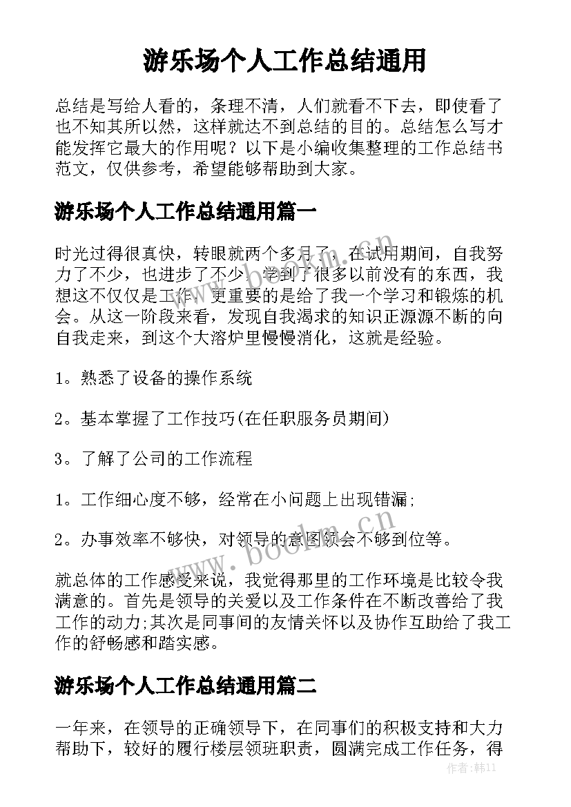 游乐场个人工作总结通用