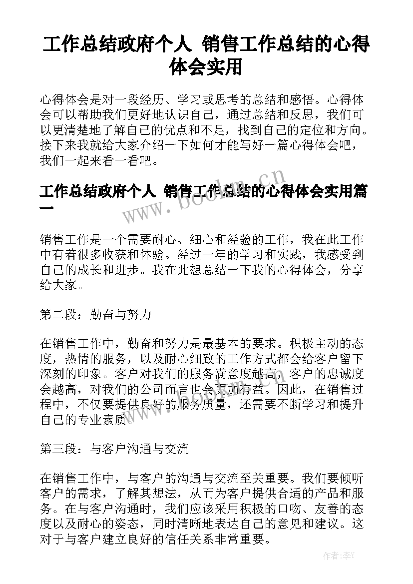 工作总结政府个人 销售工作总结的心得体会实用