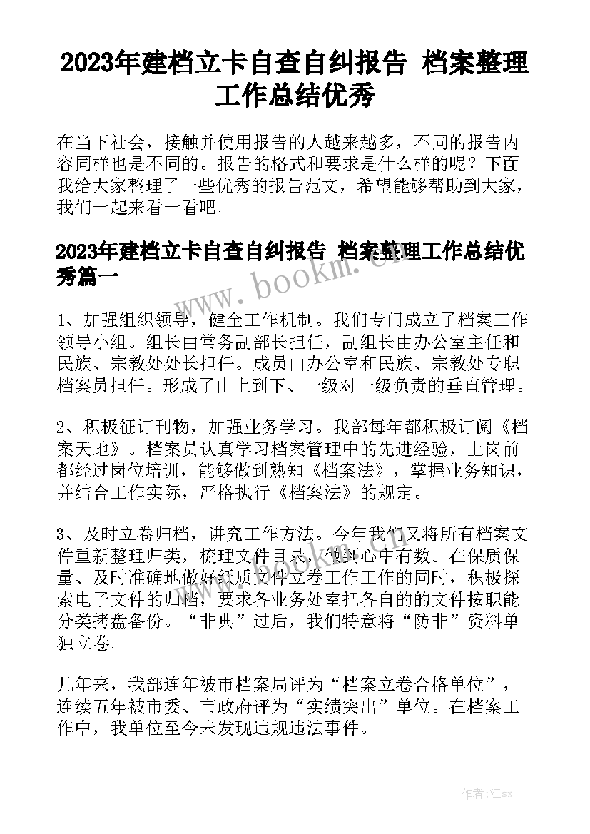 2023年建档立卡自查自纠报告 档案整理工作总结优秀