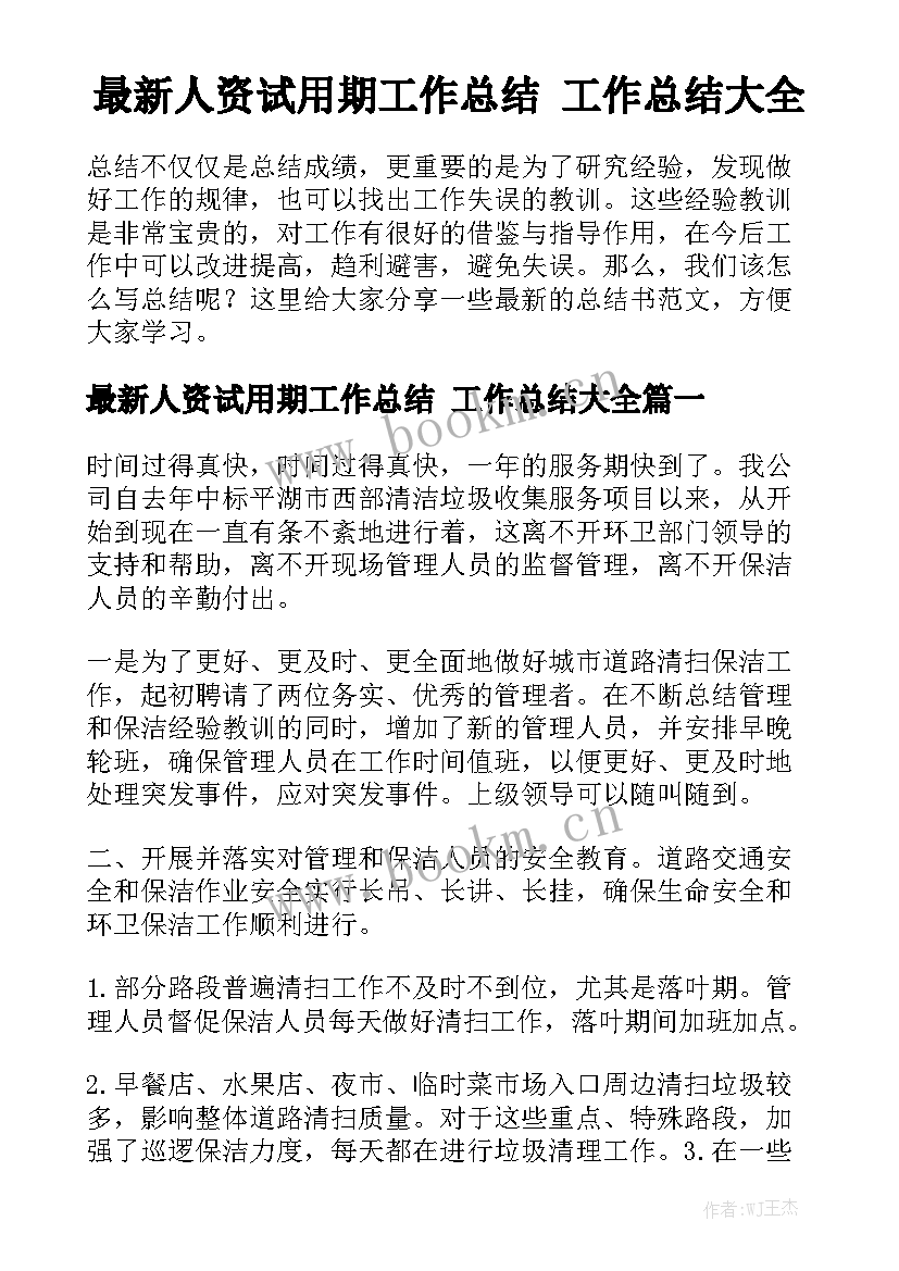 最新人资试用期工作总结 工作总结大全