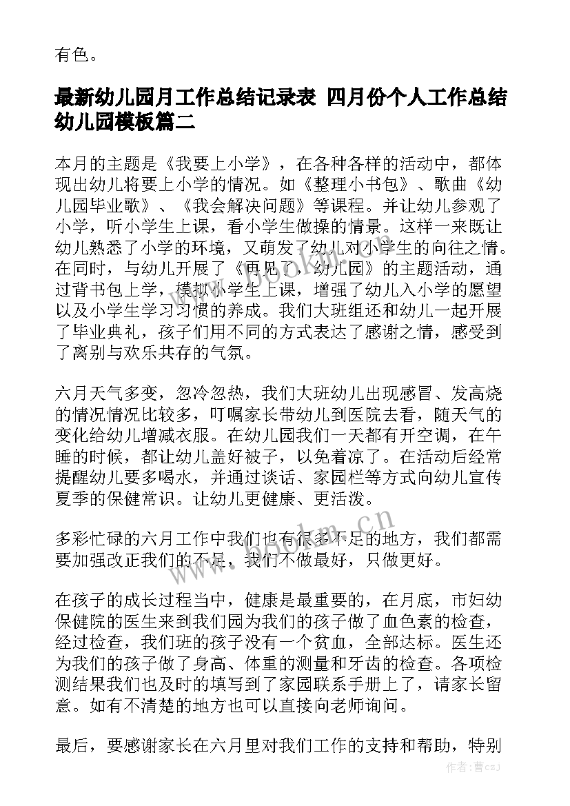 最新幼儿园月工作总结记录表 四月份个人工作总结幼儿园模板