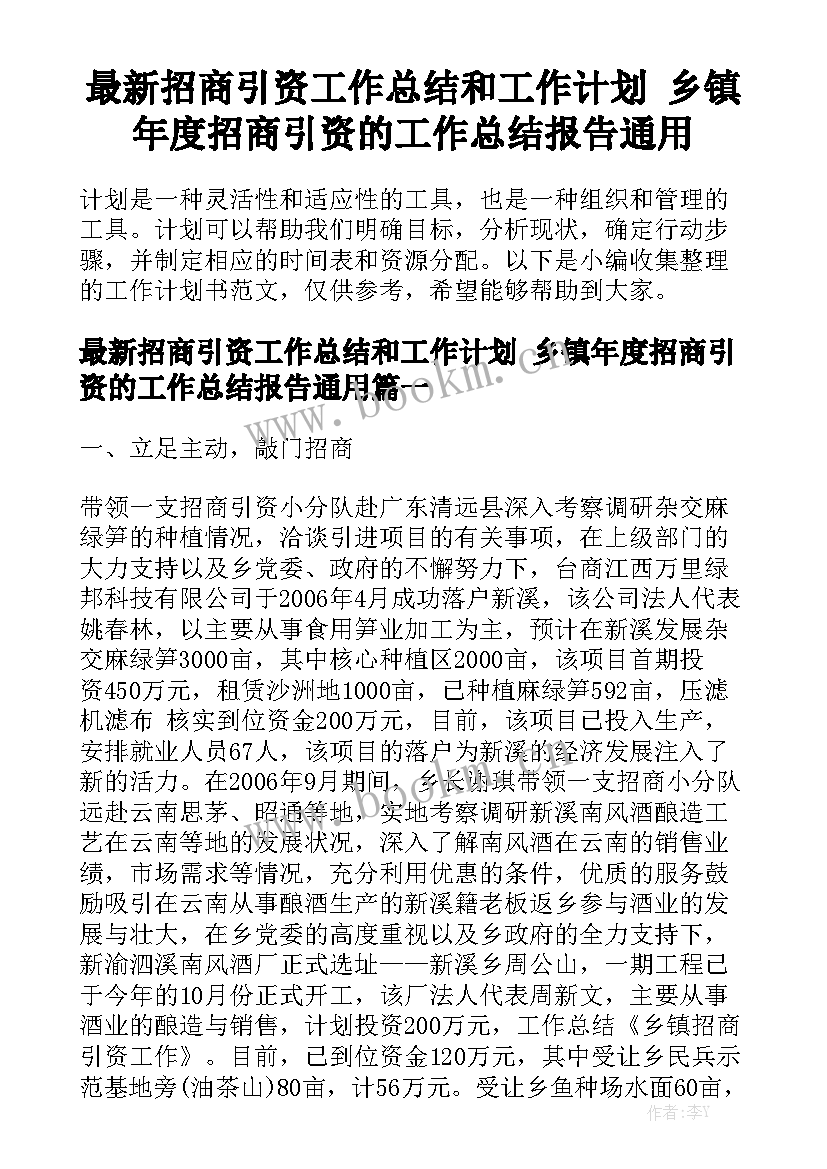 最新招商引资工作总结和工作计划 乡镇年度招商引资的工作总结报告通用