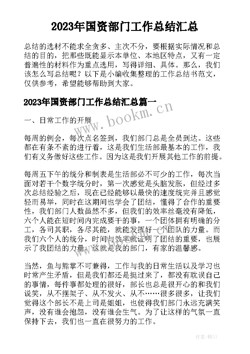 2023年国资部门工作总结汇总