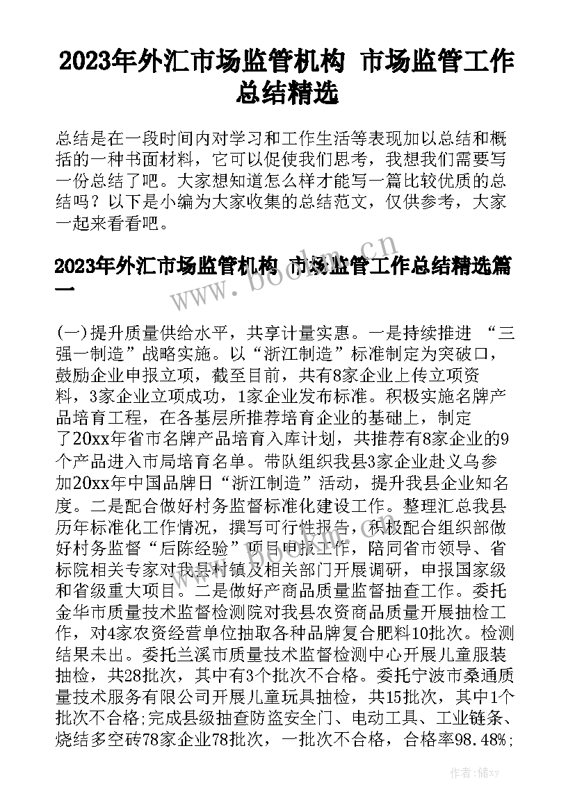 2023年外汇市场监管机构 市场监管工作总结精选