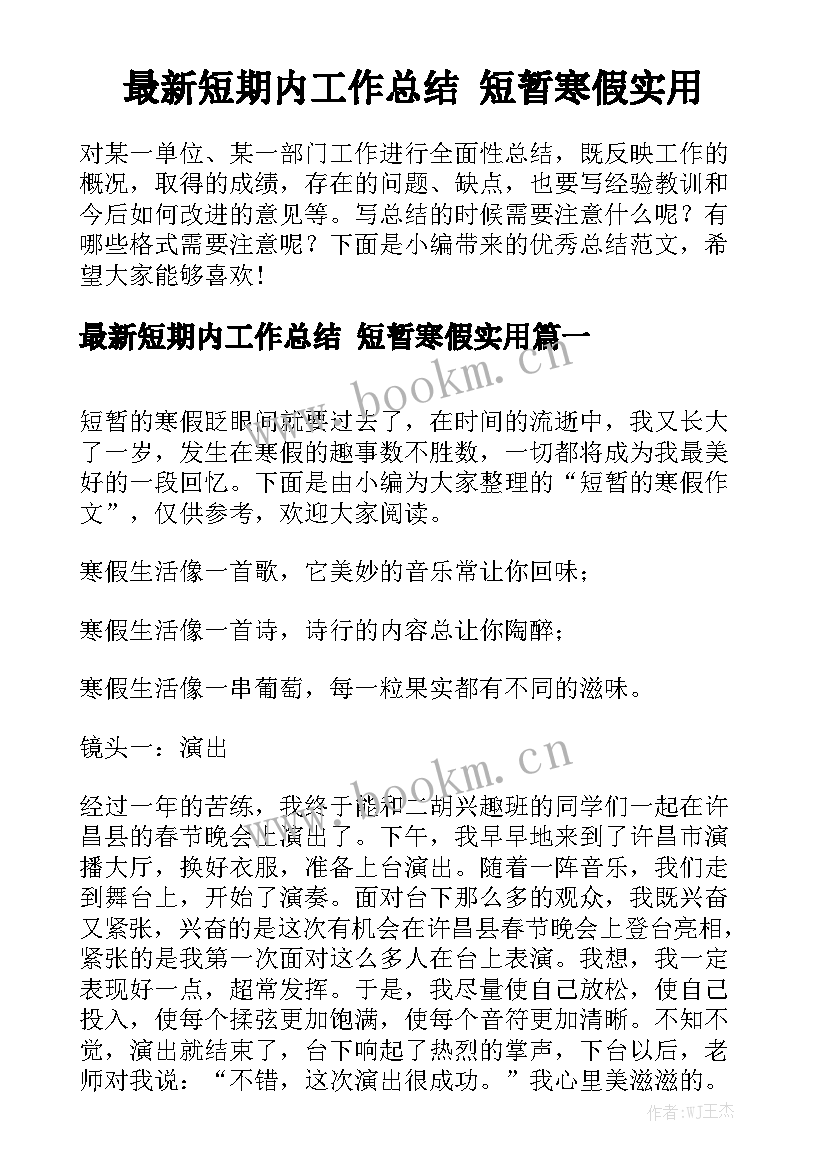 最新短期内工作总结 短暂寒假实用