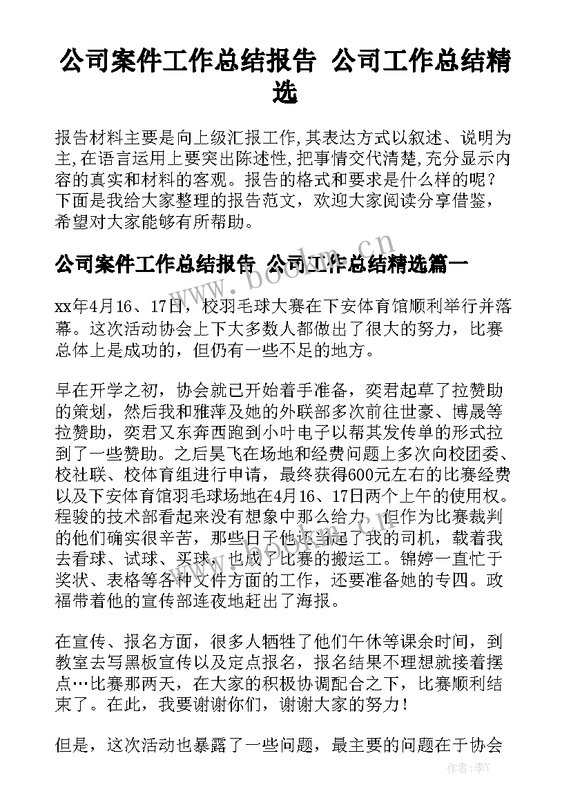 公司案件工作总结报告 公司工作总结精选