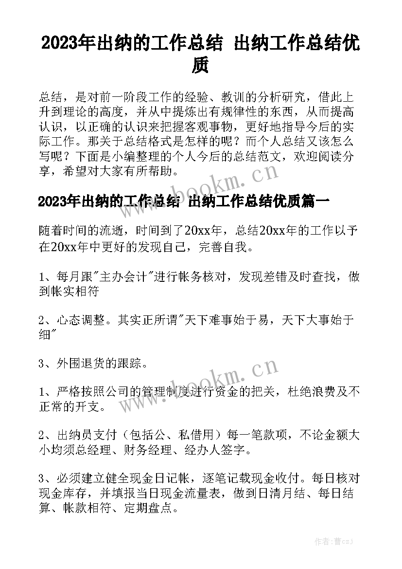 2023年出纳的工作总结 出纳工作总结优质