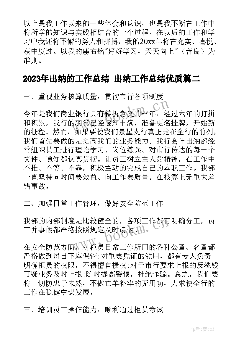 2023年出纳的工作总结 出纳工作总结优质