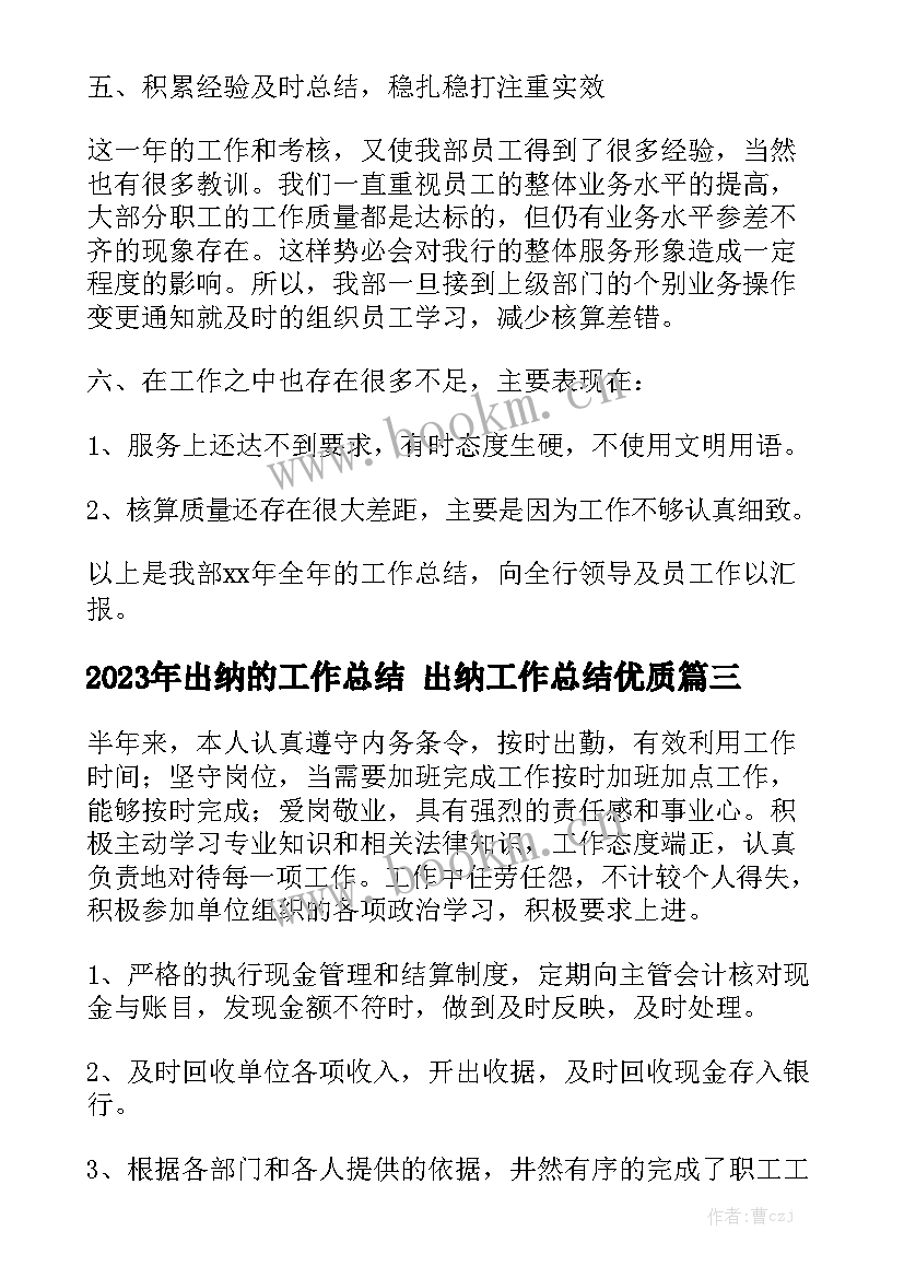 2023年出纳的工作总结 出纳工作总结优质