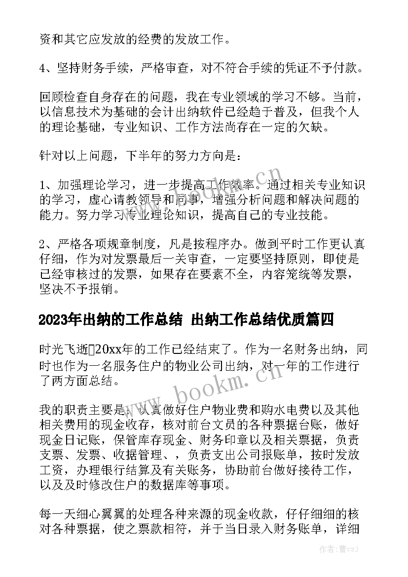 2023年出纳的工作总结 出纳工作总结优质