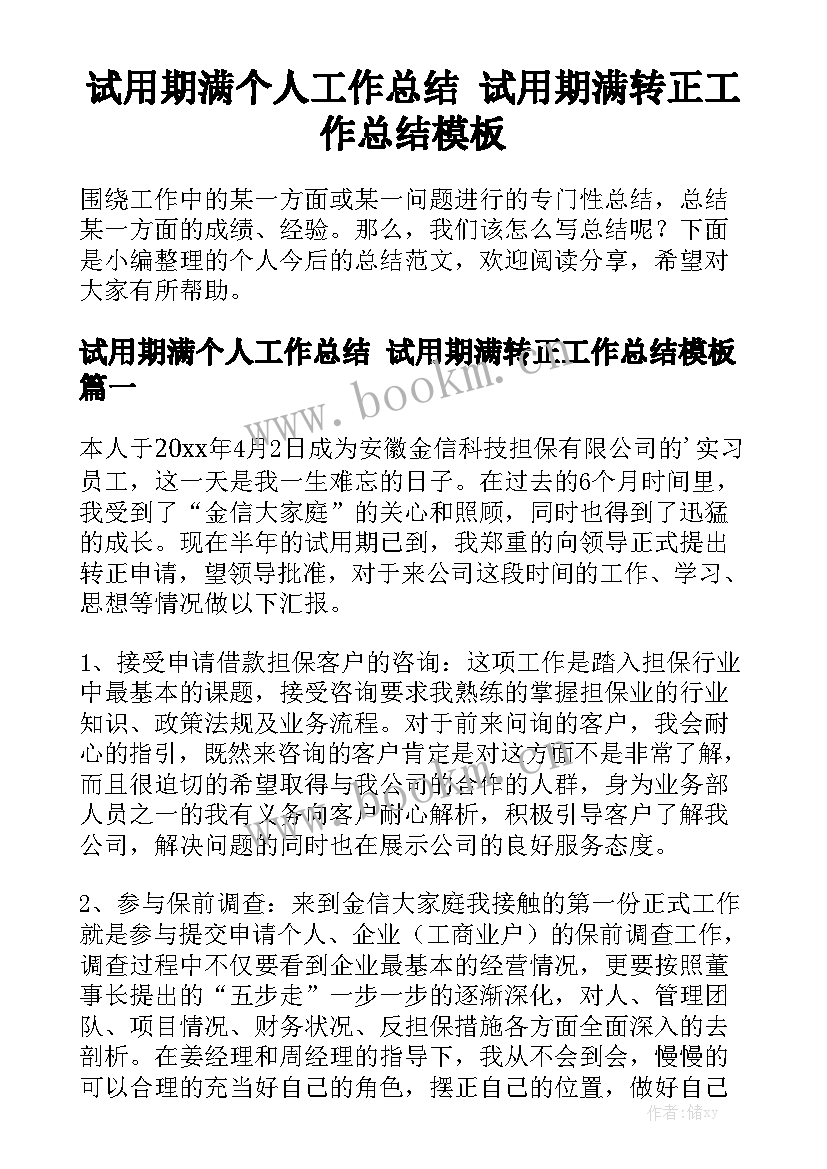 试用期满个人工作总结 试用期满转正工作总结模板