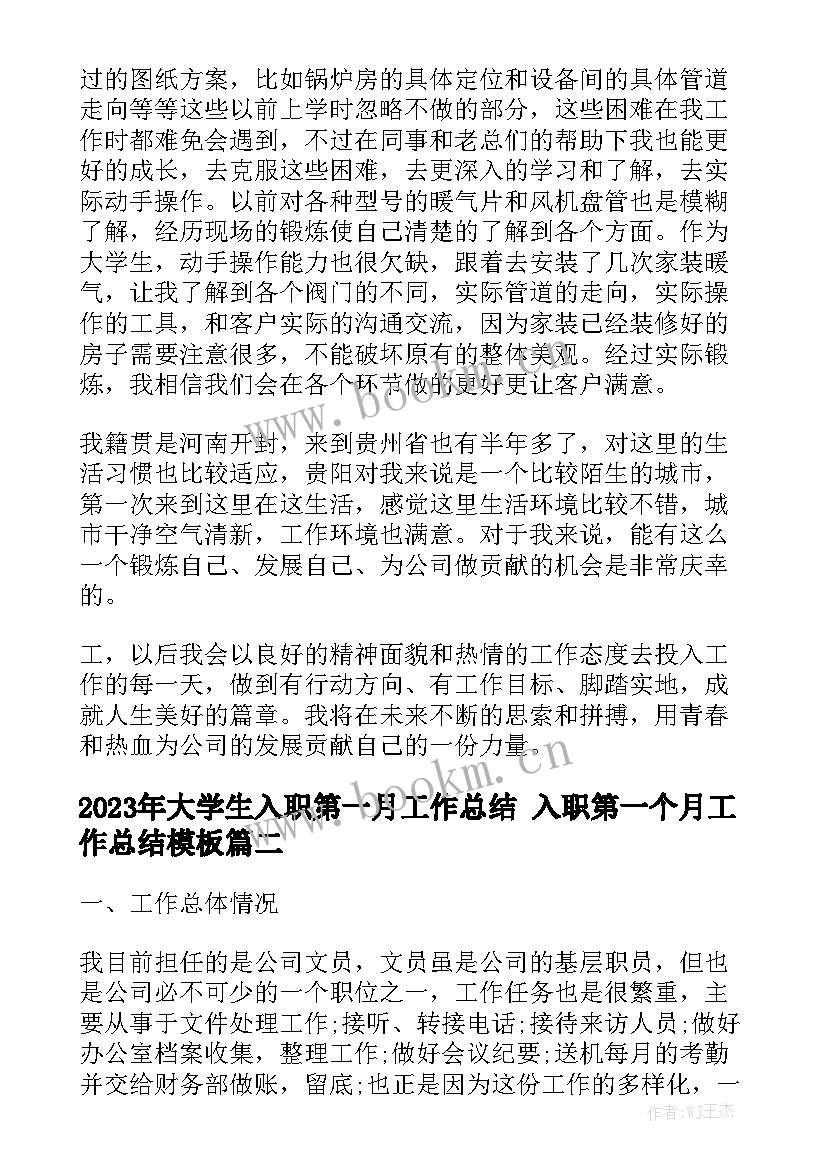 2023年大学生入职第一月工作总结 入职第一个月工作总结模板