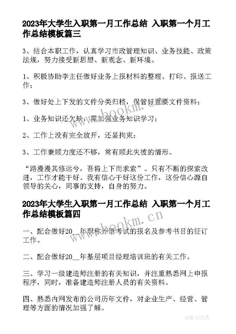 2023年大学生入职第一月工作总结 入职第一个月工作总结模板