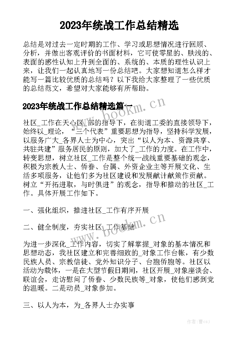 2023年统战工作总结精选