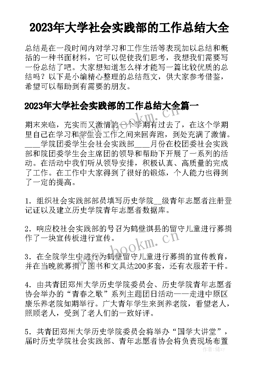 2023年大学社会实践部的工作总结大全