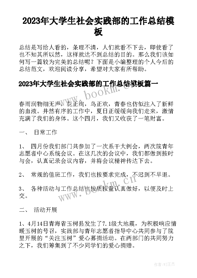 2023年大学生社会实践部的工作总结模板