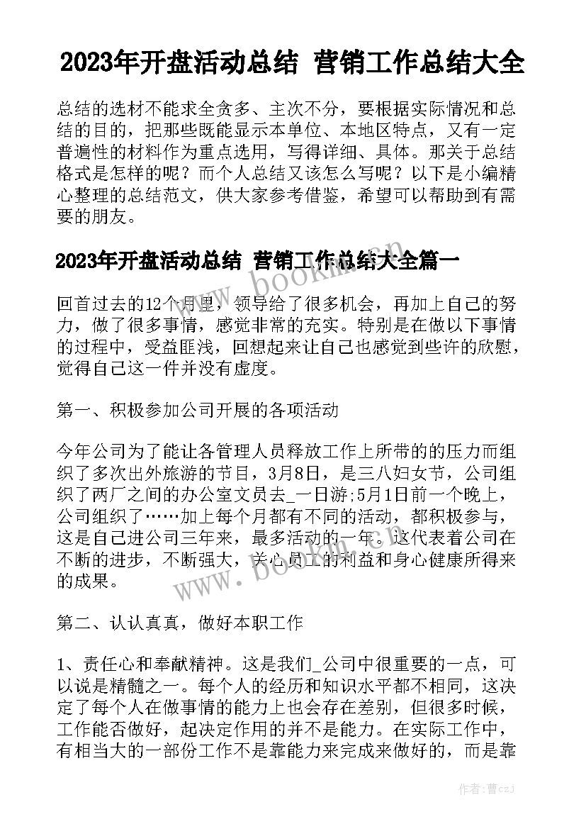 2023年开盘活动总结 营销工作总结大全