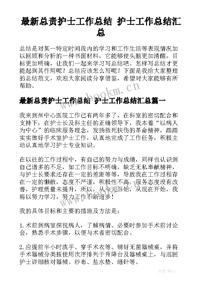 最新总责护士工作总结 护士工作总结汇总