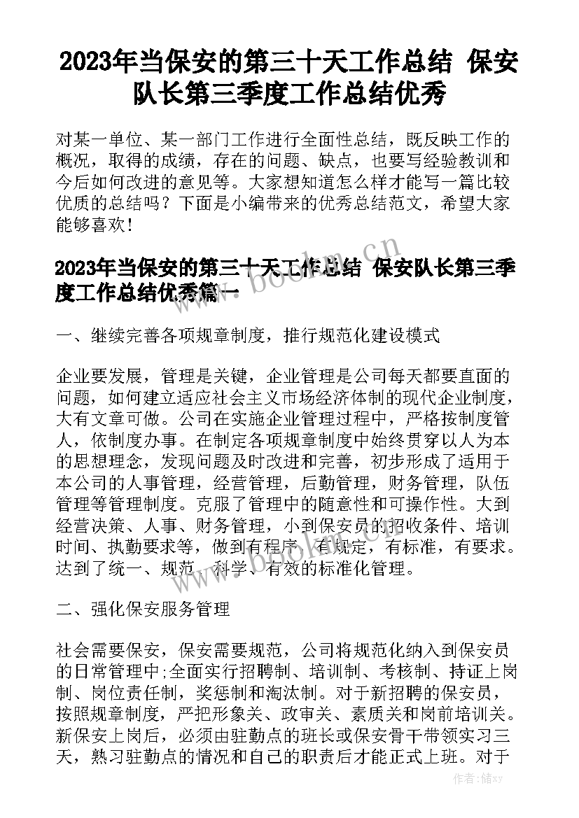 2023年当保安的第三十天工作总结 保安队长第三季度工作总结优秀