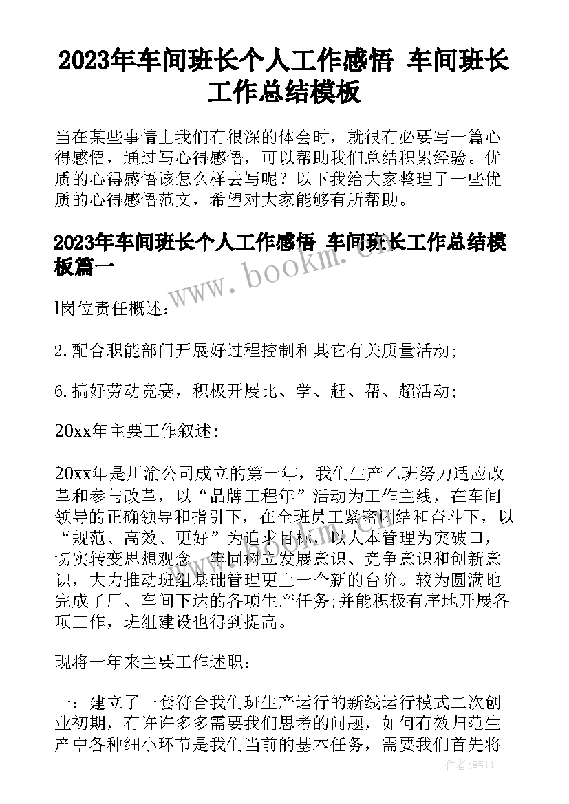 2023年车间班长个人工作感悟 车间班长工作总结模板