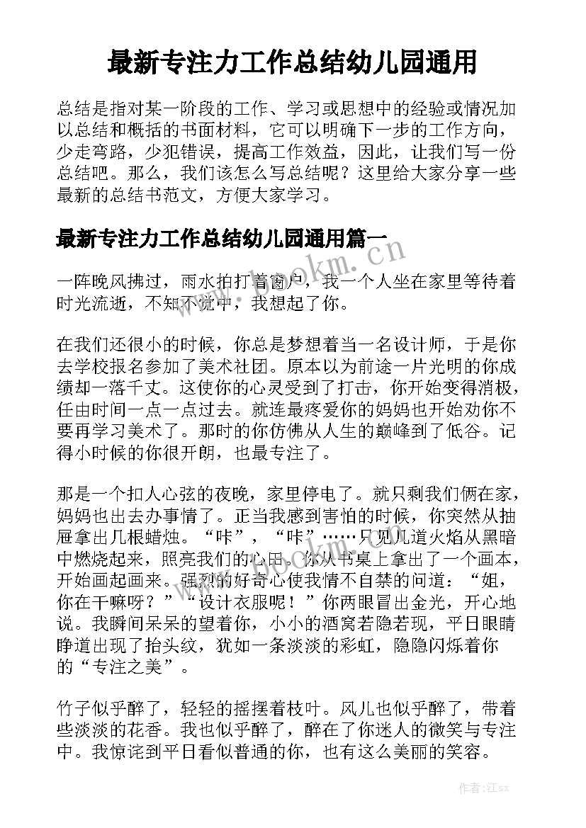 最新专注力工作总结幼儿园通用