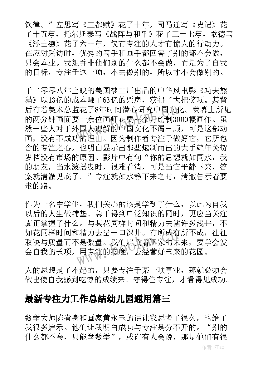 最新专注力工作总结幼儿园通用