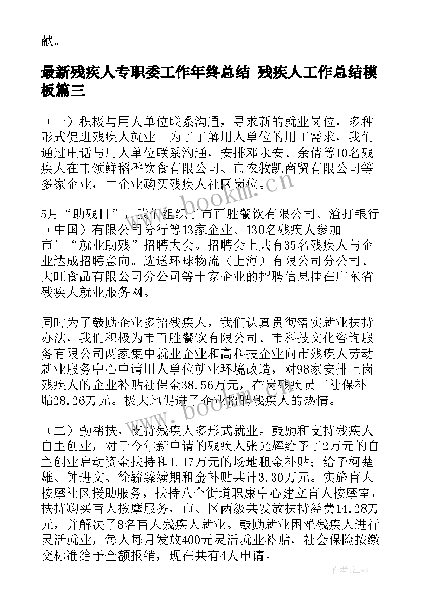 最新残疾人专职委工作年终总结 残疾人工作总结模板