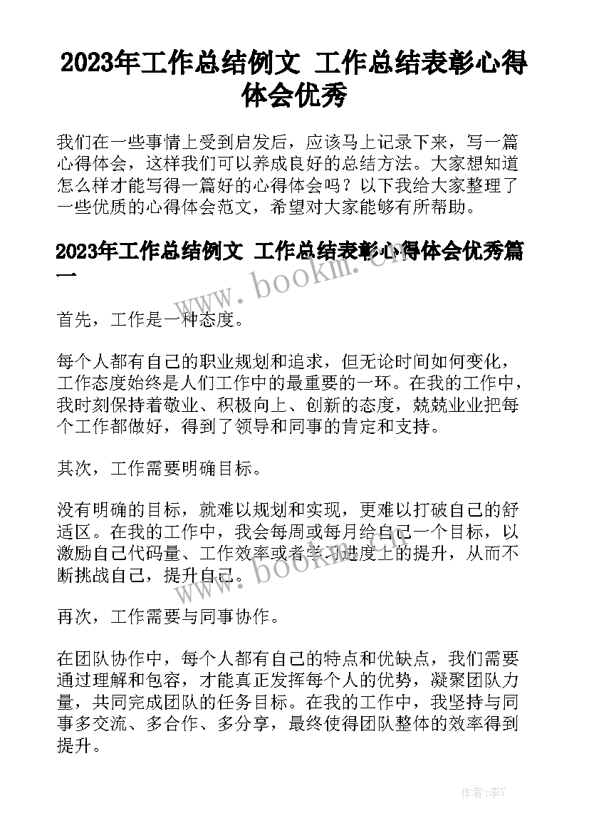 2023年工作总结例文 工作总结表彰心得体会优秀