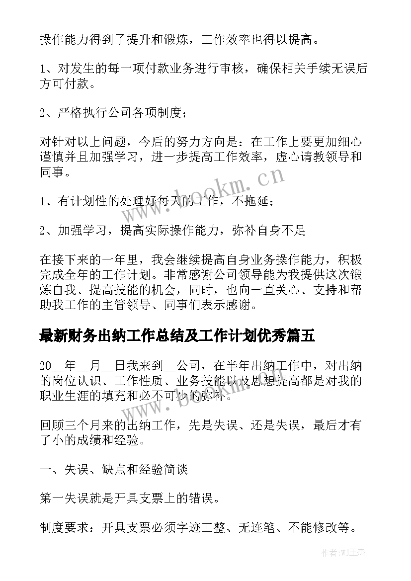 最新财务出纳工作总结及工作计划优秀