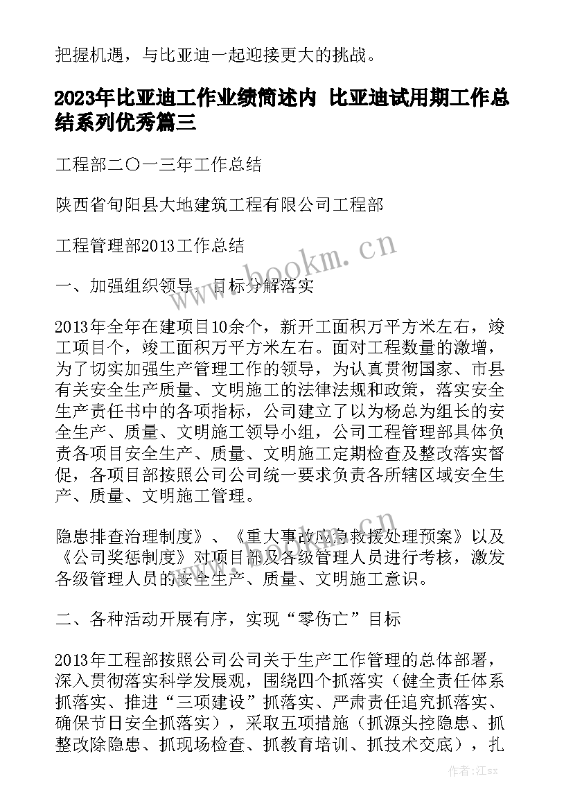 2023年比亚迪工作业绩简述内 比亚迪试用期工作总结系列优秀