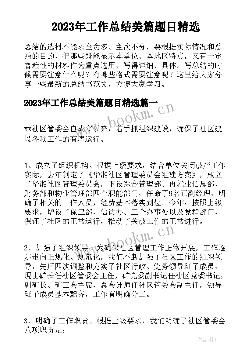 2023年工作总结美篇题目精选